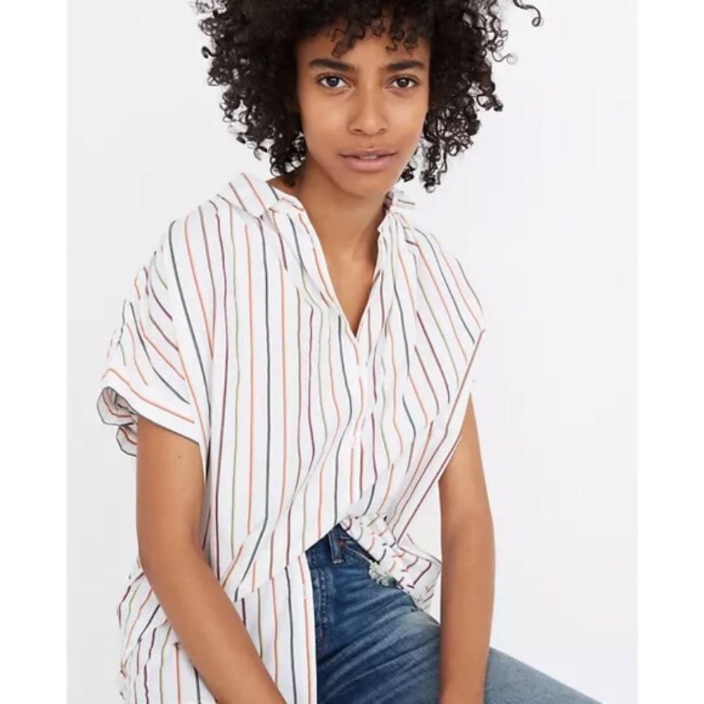 Madewell Top Size xs Sadie Cotton H8275 White Rainbow Stripe Oversize Camp Shirt